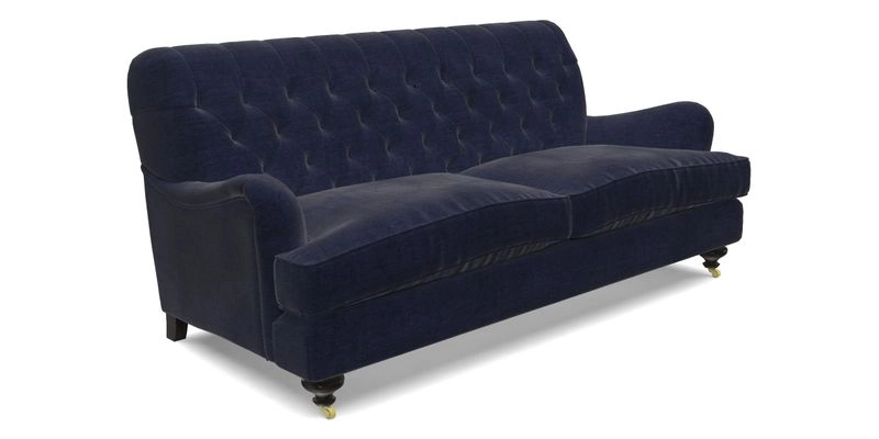 Chiddingfold 3 Seater Sofa in Omega Velvet Tawny Velvet and V&A Threads of India Regal Arabesque Flame with scatters in Sulawesi Splendour Jasper