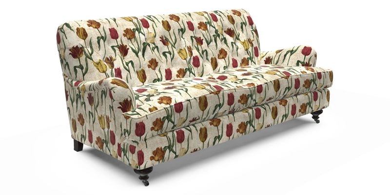 Chiddingfold 3 Seater Sofa in Omega Velvet Tawny Velvet and V&A Threads of India Regal Arabesque Flame with scatters in Sulawesi Splendour Jasper