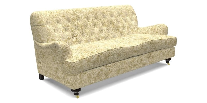 Chiddingfold 3 Seater Sofa in Omega Velvet Tawny Velvet and V&A Threads of India Regal Arabesque Flame with scatters in Sulawesi Splendour Jasper