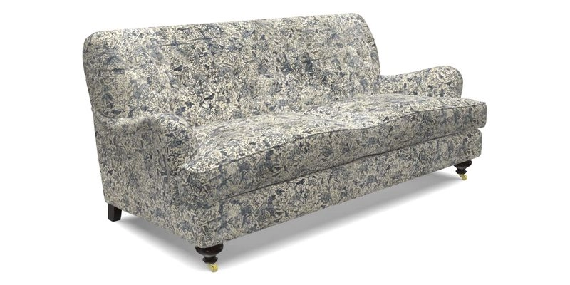 Chiddingfold 3 Seater Sofa in Omega Velvet Tawny Velvet and V&A Threads of India Regal Arabesque Flame with scatters in Sulawesi Splendour Jasper