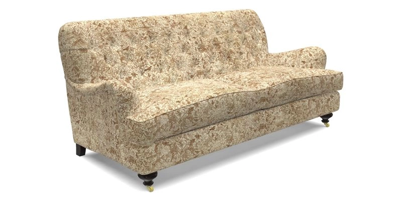 Chiddingfold 3 Seater Sofa in Omega Velvet Tawny Velvet and V&A Threads of India Regal Arabesque Flame with scatters in Sulawesi Splendour Jasper