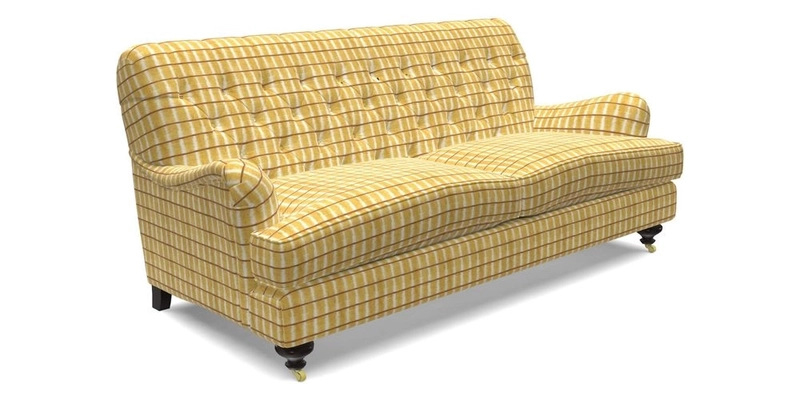 Chiddingfold 3 Seater Sofa in Omega Velvet Tawny Velvet and V&A Threads of India Regal Arabesque Flame with scatters in Sulawesi Splendour Jasper