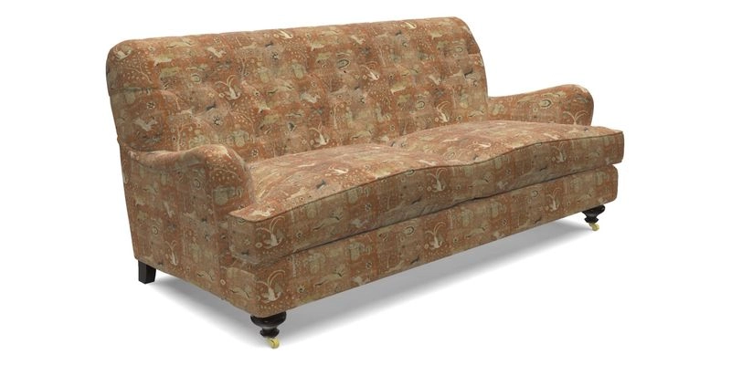 Chiddingfold 3 Seater Sofa in Omega Velvet Tawny Velvet and V&A Threads of India Regal Arabesque Flame with scatters in Sulawesi Splendour Jasper