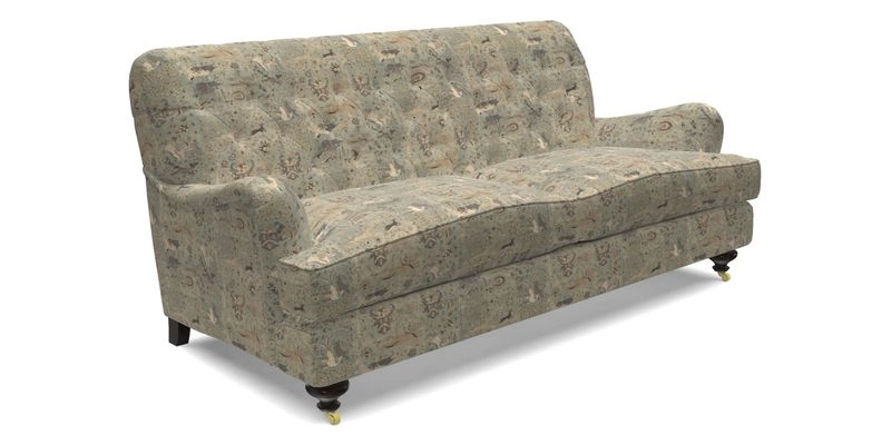 Chiddingfold 3 Seater Sofa in Omega Velvet Tawny Velvet and V&A Threads of India Regal Arabesque Flame with scatters in Sulawesi Splendour Jasper