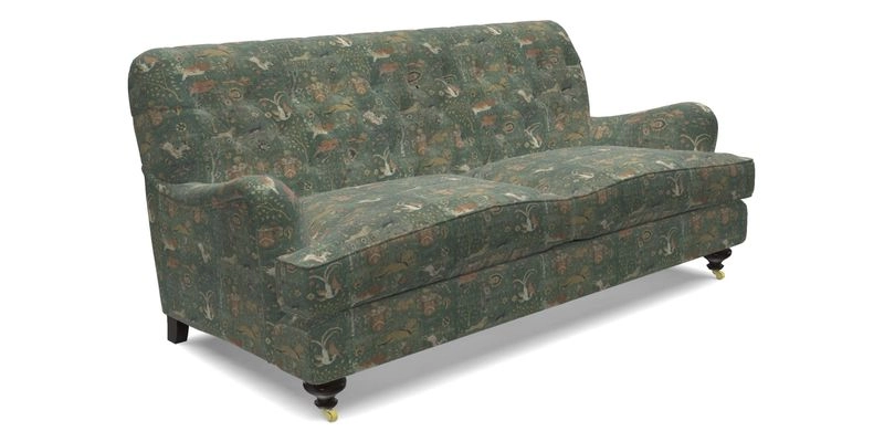 Chiddingfold 3 Seater Sofa in Omega Velvet Tawny Velvet and V&A Threads of India Regal Arabesque Flame with scatters in Sulawesi Splendour Jasper