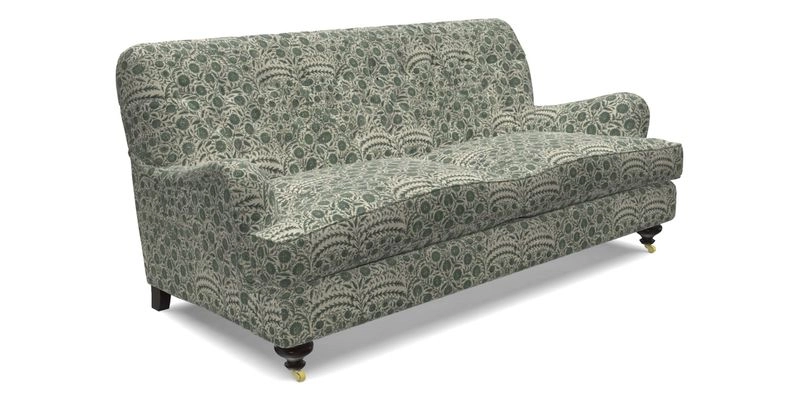 Chiddingfold 3 Seater Sofa in Omega Velvet Tawny Velvet and V&A Threads of India Regal Arabesque Flame with scatters in Sulawesi Splendour Jasper