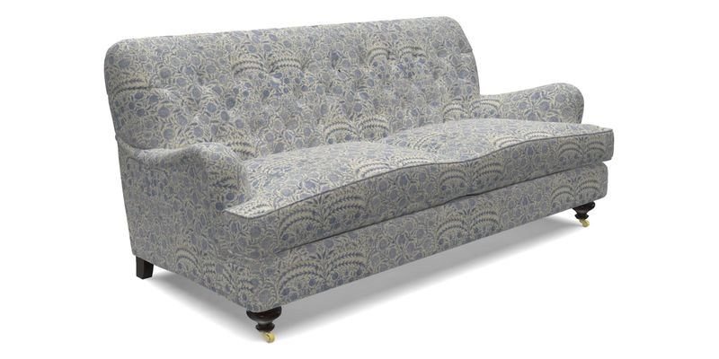 Chiddingfold 3 Seater Sofa in Omega Velvet Tawny Velvet and V&A Threads of India Regal Arabesque Flame with scatters in Sulawesi Splendour Jasper