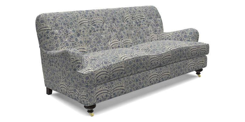 Chiddingfold 3 Seater Sofa in Omega Velvet Tawny Velvet and V&A Threads of India Regal Arabesque Flame with scatters in Sulawesi Splendour Jasper