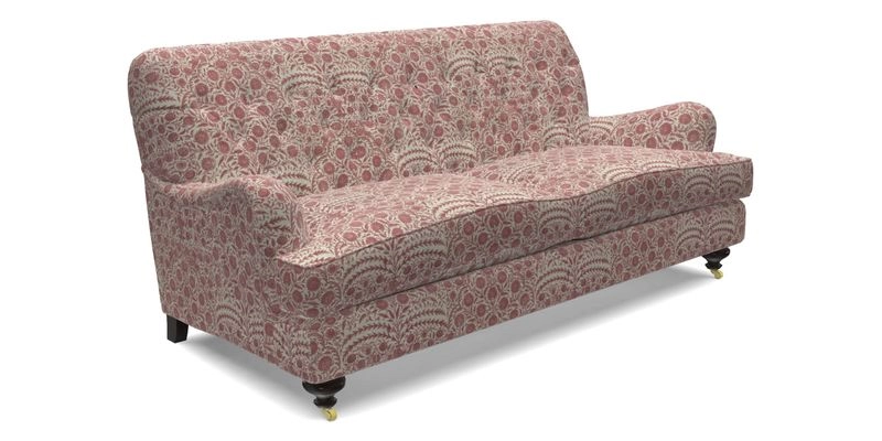 Chiddingfold 3 Seater Sofa in Omega Velvet Tawny Velvet and V&A Threads of India Regal Arabesque Flame with scatters in Sulawesi Splendour Jasper