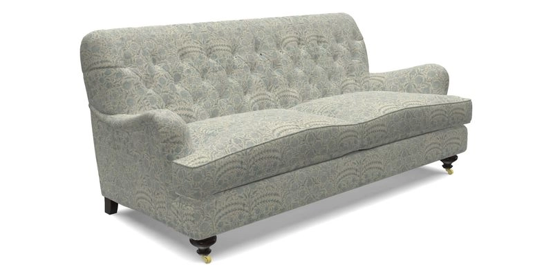 Chiddingfold 3 Seater Sofa in Omega Velvet Tawny Velvet and V&A Threads of India Regal Arabesque Flame with scatters in Sulawesi Splendour Jasper