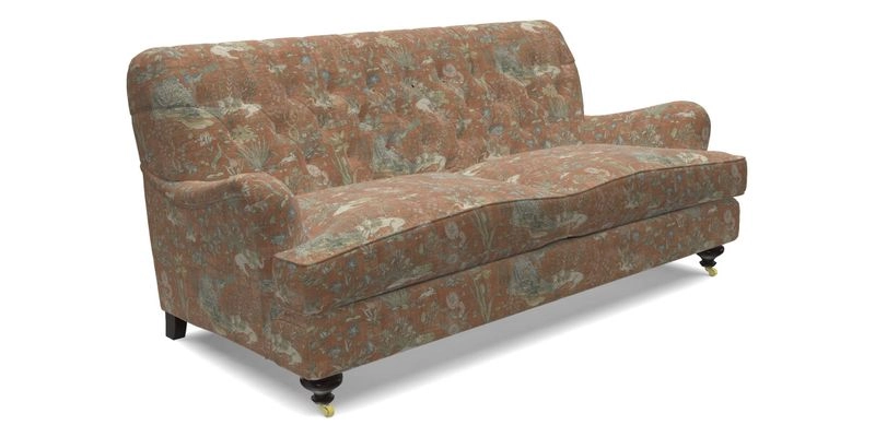 Chiddingfold 3 Seater Sofa in Omega Velvet Tawny Velvet and V&A Threads of India Regal Arabesque Flame with scatters in Sulawesi Splendour Jasper