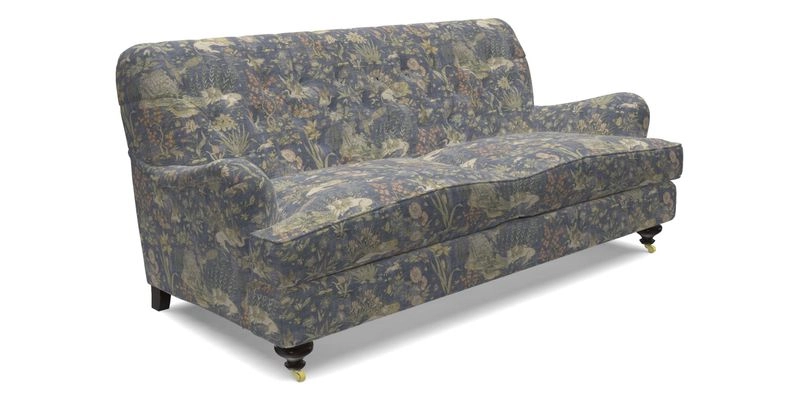 Chiddingfold 3 Seater Sofa in Omega Velvet Tawny Velvet and V&A Threads of India Regal Arabesque Flame with scatters in Sulawesi Splendour Jasper