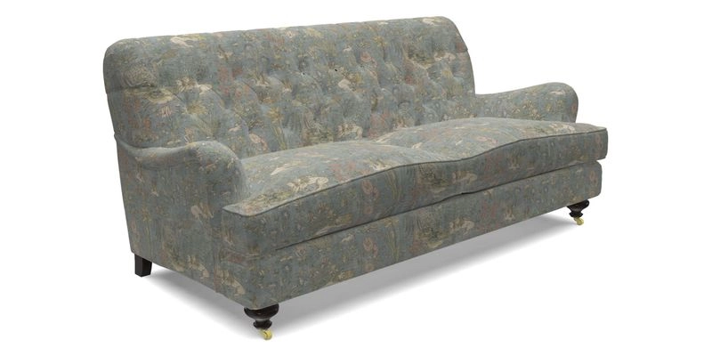 Chiddingfold 3 Seater Sofa in Omega Velvet Tawny Velvet and V&A Threads of India Regal Arabesque Flame with scatters in Sulawesi Splendour Jasper