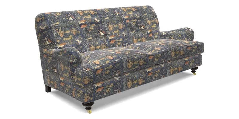 Chiddingfold 3 Seater Sofa in Omega Velvet Tawny Velvet and V&A Threads of India Regal Arabesque Flame with scatters in Sulawesi Splendour Jasper