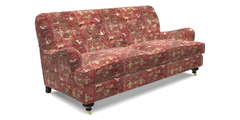 Chiddingfold 3 Seater Sofa in Omega Velvet Tawny Velvet and V&A Threads of India Regal Arabesque Flame with scatters in Sulawesi Splendour Jasper