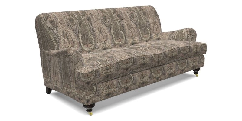 Chiddingfold 3 Seater Sofa in Omega Velvet Tawny Velvet and V&A Threads of India Regal Arabesque Flame with scatters in Sulawesi Splendour Jasper