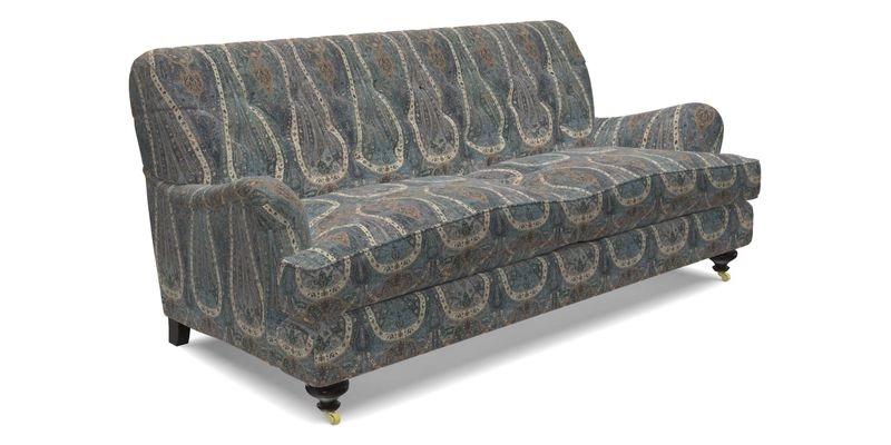 Chiddingfold 3 Seater Sofa in Omega Velvet Tawny Velvet and V&A Threads of India Regal Arabesque Flame with scatters in Sulawesi Splendour Jasper