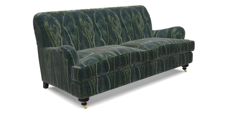 Chiddingfold 3 Seater Sofa in Omega Velvet Tawny Velvet and V&A Threads of India Regal Arabesque Flame with scatters in Sulawesi Splendour Jasper