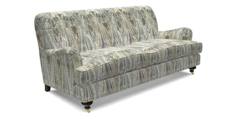 Chiddingfold 3 Seater Sofa in Omega Velvet Tawny Velvet and V&A Threads of India Regal Arabesque Flame with scatters in Sulawesi Splendour Jasper