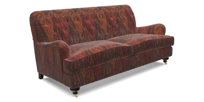 Chiddingfold 3 Seater Sofa in Omega Velvet Tawny Velvet and V&A Threads of India Regal Arabesque Flame with scatters in Sulawesi Splendour Jasper