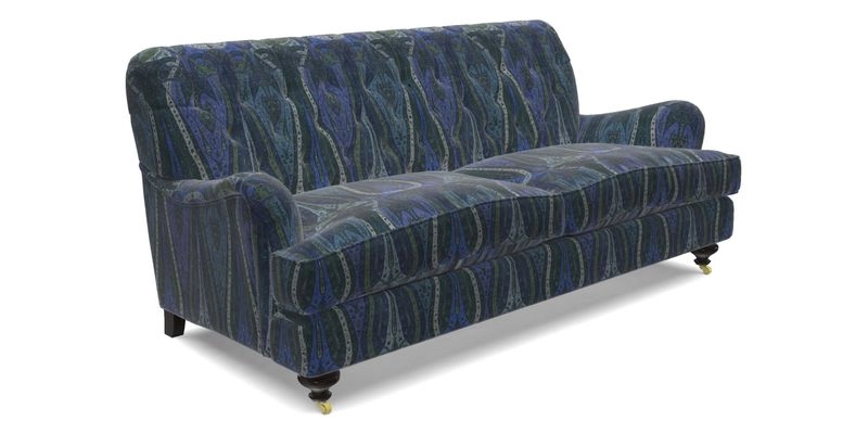 Chiddingfold 3 Seater Sofa in Omega Velvet Tawny Velvet and V&A Threads of India Regal Arabesque Flame with scatters in Sulawesi Splendour Jasper