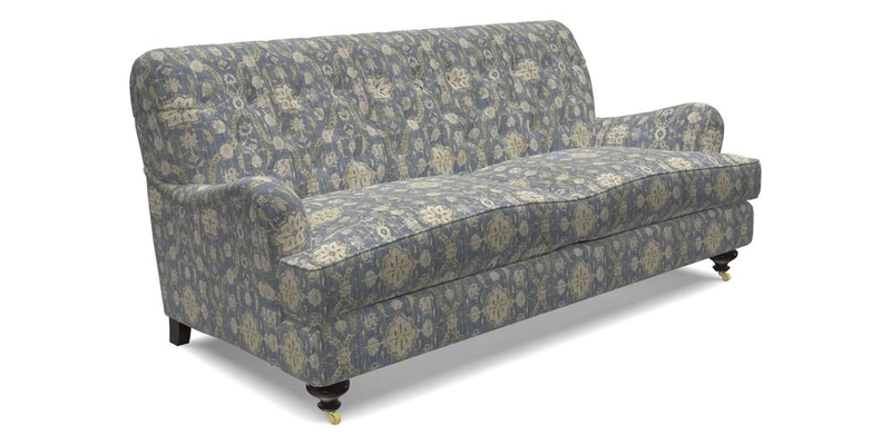 Chiddingfold 3 Seater Sofa in Omega Velvet Tawny Velvet and V&A Threads of India Regal Arabesque Flame with scatters in Sulawesi Splendour Jasper