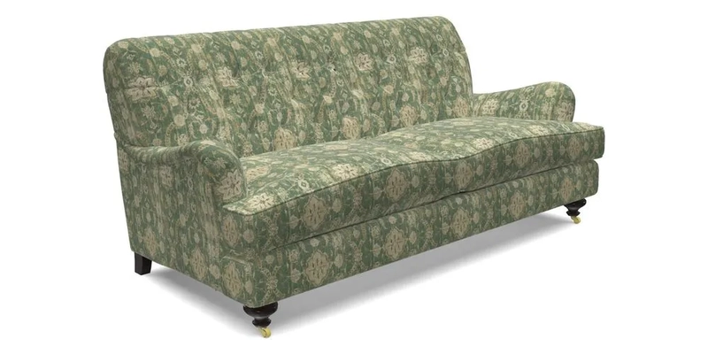 Chiddingfold 3 Seater Sofa in Omega Velvet Tawny Velvet and V&A Threads of India Regal Arabesque Flame with scatters in Sulawesi Splendour Jasper