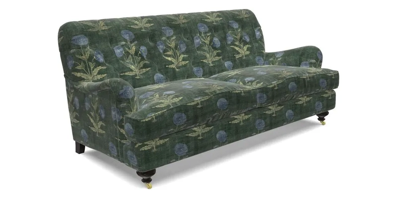 Chiddingfold 3 Seater Sofa in Omega Velvet Tawny Velvet and V&A Threads of India Regal Arabesque Flame with scatters in Sulawesi Splendour Jasper