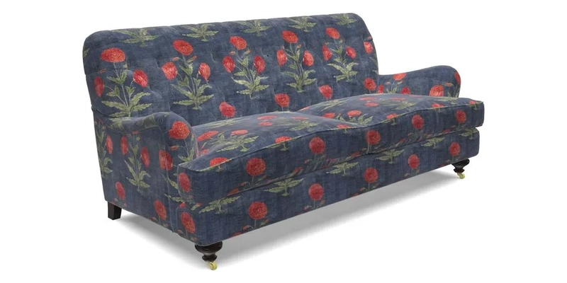 Chiddingfold 3 Seater Sofa in Omega Velvet Tawny Velvet and V&A Threads of India Regal Arabesque Flame with scatters in Sulawesi Splendour Jasper