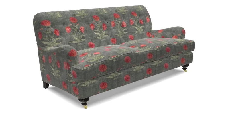 Chiddingfold 3 Seater Sofa in Omega Velvet Tawny Velvet and V&A Threads of India Regal Arabesque Flame with scatters in Sulawesi Splendour Jasper