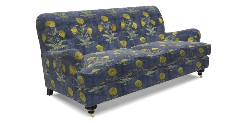 Chiddingfold 3 Seater Sofa in Omega Velvet Tawny Velvet and V&A Threads of India Regal Arabesque Flame with scatters in Sulawesi Splendour Jasper