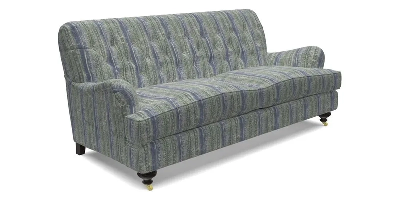 Chiddingfold 3 Seater Sofa in Omega Velvet Tawny Velvet and V&A Threads of India Regal Arabesque Flame with scatters in Sulawesi Splendour Jasper