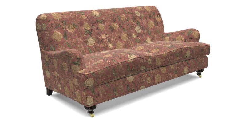 Chiddingfold 3 Seater Sofa in Omega Velvet Tawny Velvet and V&A Threads of India Regal Arabesque Flame with scatters in Sulawesi Splendour Jasper