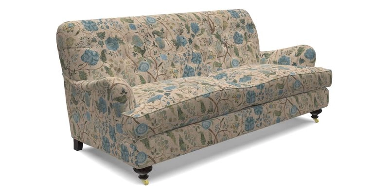 Chiddingfold 3 Seater Sofa in Omega Velvet Tawny Velvet and V&A Threads of India Regal Arabesque Flame with scatters in Sulawesi Splendour Jasper