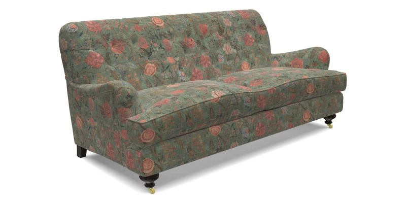 Chiddingfold 3 Seater Sofa in Omega Velvet Tawny Velvet and V&A Threads of India Regal Arabesque Flame with scatters in Sulawesi Splendour Jasper