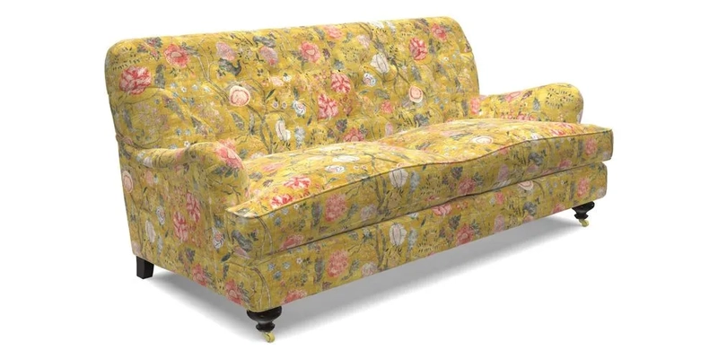 Chiddingfold 3 Seater Sofa in Omega Velvet Tawny Velvet and V&A Threads of India Regal Arabesque Flame with scatters in Sulawesi Splendour Jasper