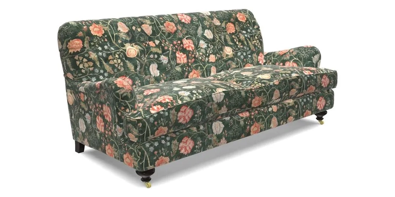 Chiddingfold 3 Seater Sofa in Omega Velvet Tawny Velvet and V&A Threads of India Regal Arabesque Flame with scatters in Sulawesi Splendour Jasper