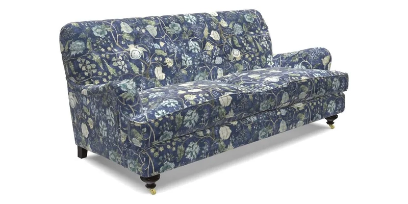 Chiddingfold 3 Seater Sofa in Omega Velvet Tawny Velvet and V&A Threads of India Regal Arabesque Flame with scatters in Sulawesi Splendour Jasper