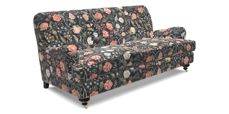 Chiddingfold 3 Seater Sofa in Omega Velvet Tawny Velvet and V&A Threads of India Regal Arabesque Flame with scatters in Sulawesi Splendour Jasper