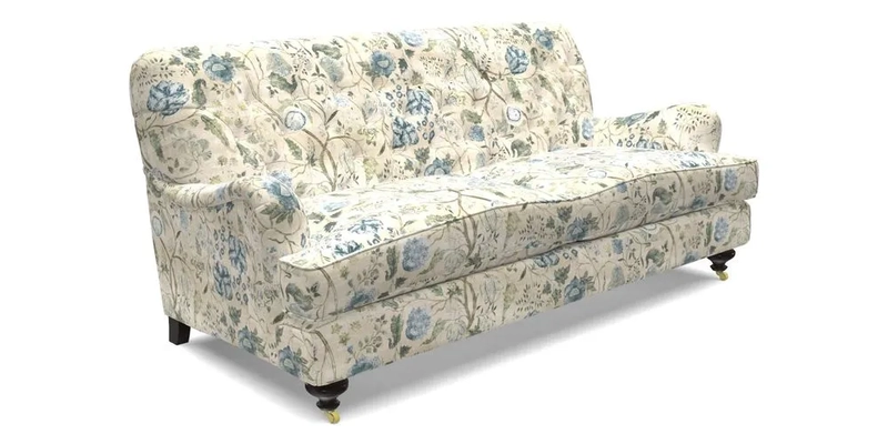 Chiddingfold 3 Seater Sofa in Omega Velvet Tawny Velvet and V&A Threads of India Regal Arabesque Flame with scatters in Sulawesi Splendour Jasper