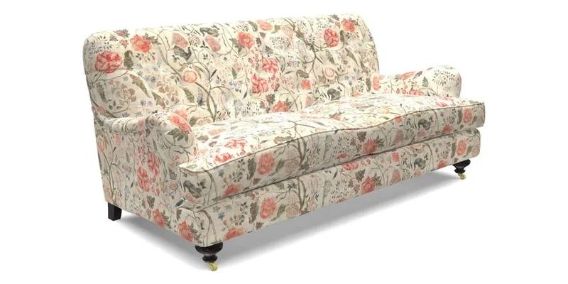 Chiddingfold 3 Seater Sofa in Omega Velvet Tawny Velvet and V&A Threads of India Regal Arabesque Flame with scatters in Sulawesi Splendour Jasper