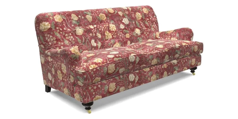 Chiddingfold 3 Seater Sofa in Omega Velvet Tawny Velvet and V&A Threads of India Regal Arabesque Flame with scatters in Sulawesi Splendour Jasper