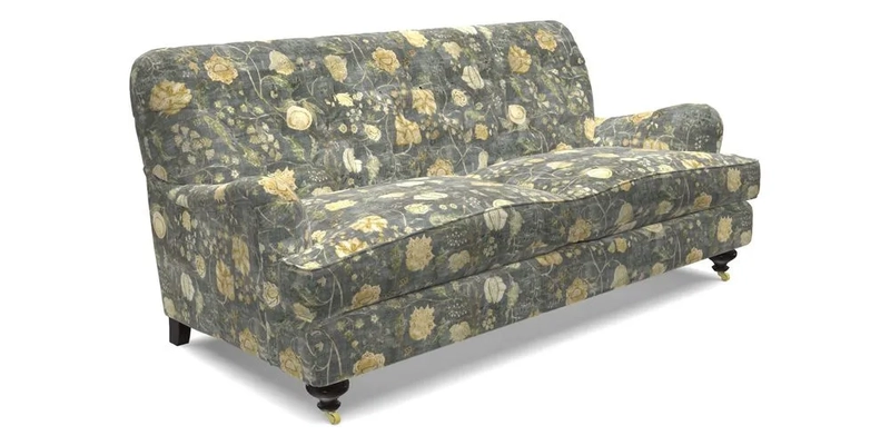 Chiddingfold 3 Seater Sofa in Omega Velvet Tawny Velvet and V&A Threads of India Regal Arabesque Flame with scatters in Sulawesi Splendour Jasper