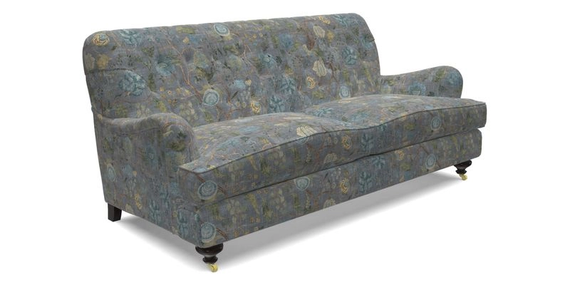 Chiddingfold 3 Seater Sofa in Omega Velvet Tawny Velvet and V&A Threads of India Regal Arabesque Flame with scatters in Sulawesi Splendour Jasper