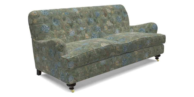 Chiddingfold 3 Seater Sofa in Omega Velvet Tawny Velvet and V&A Threads of India Regal Arabesque Flame with scatters in Sulawesi Splendour Jasper