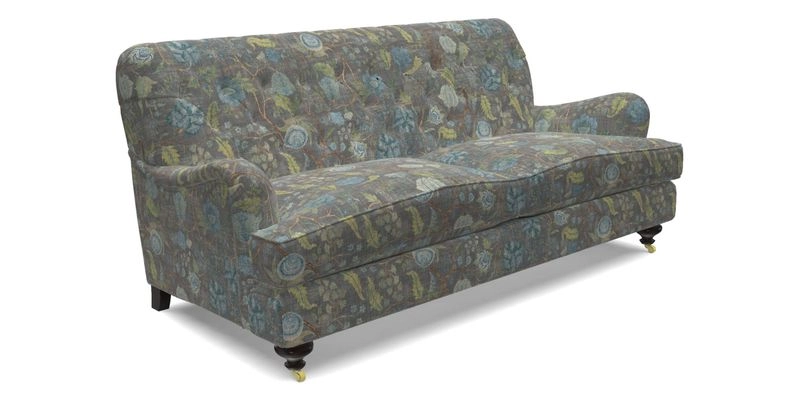 Chiddingfold 3 Seater Sofa in Omega Velvet Tawny Velvet and V&A Threads of India Regal Arabesque Flame with scatters in Sulawesi Splendour Jasper