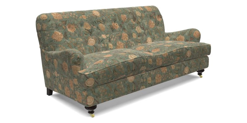 Chiddingfold 3 Seater Sofa in Omega Velvet Tawny Velvet and V&A Threads of India Regal Arabesque Flame with scatters in Sulawesi Splendour Jasper