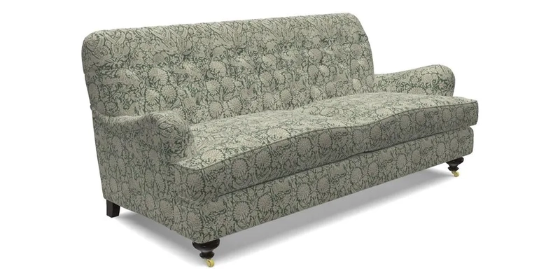 Chiddingfold 3 Seater Sofa in Omega Velvet Tawny Velvet and V&A Threads of India Regal Arabesque Flame with scatters in Sulawesi Splendour Jasper