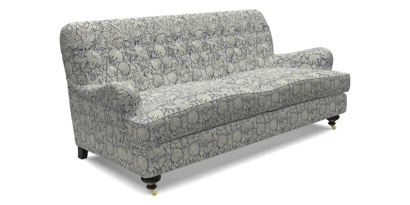 Chiddingfold 3 Seater Sofa in Omega Velvet Tawny Velvet and V&A Threads of India Regal Arabesque Flame with scatters in Sulawesi Splendour Jasper