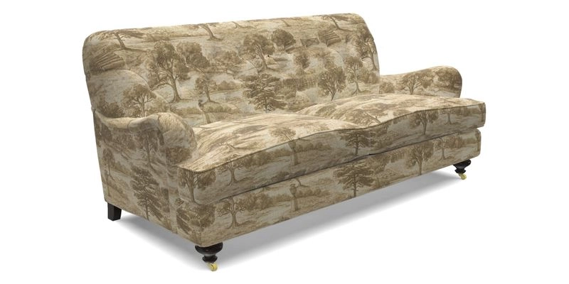 Chiddingfold 3 Seater Sofa in Omega Velvet Tawny Velvet and V&A Threads of India Regal Arabesque Flame with scatters in Sulawesi Splendour Jasper